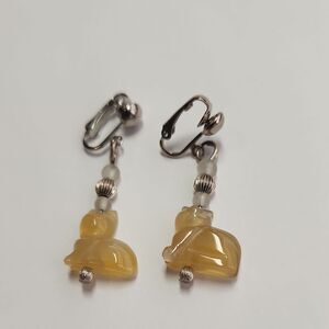 Jade Semi Precious Stone Cat Clip-On Earrings